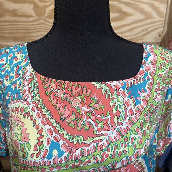 Talbots 100% Silk Paisley Short Sleeve Shift Dress Turquoise Green Coral 12 - Picture 6 of 12